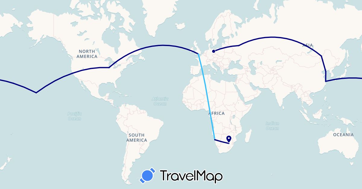 TravelMap itinerary: driving, boat in China, Germany, United Kingdom, Namibia, Russia, United States, South Africa (Africa, Asia, Europe, North America)